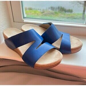 Dansko Lacee Cobalt Blue Leather Slip On Platform Wedge Sandals Size 38 - NWOB!